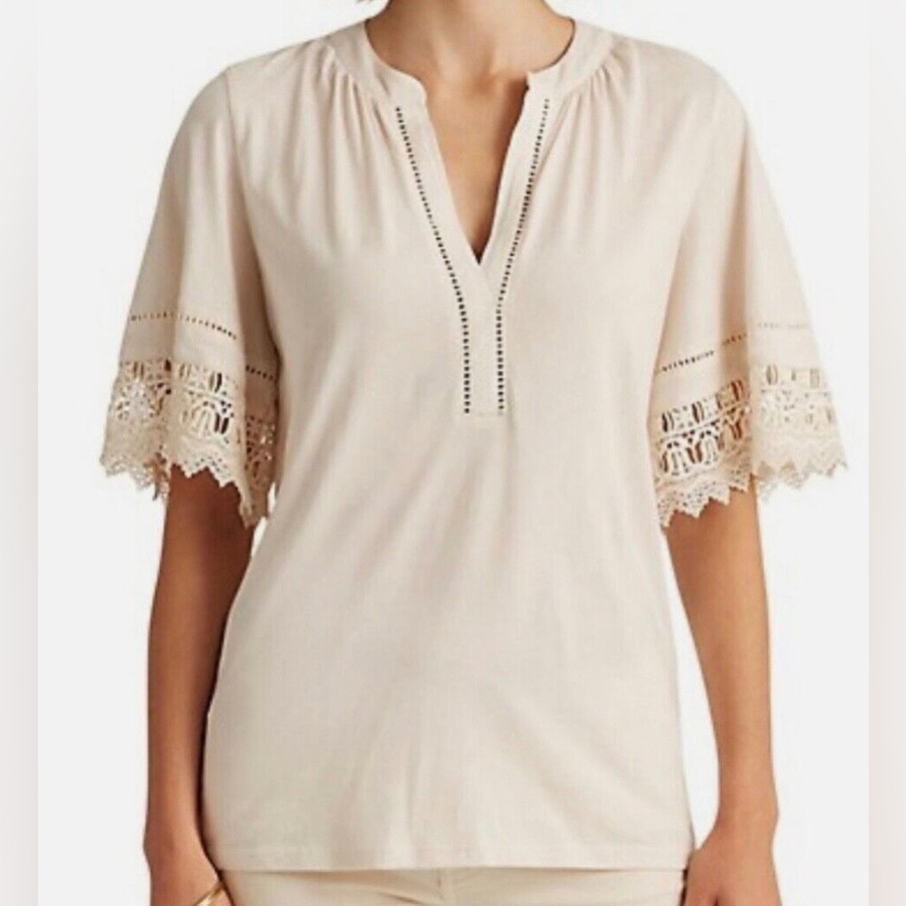 LAUREN Ralph Lauren. Winter cream top with slit neck and bell sleeves